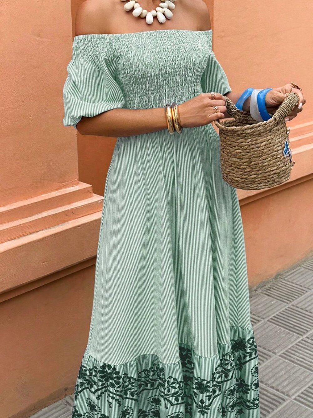 Multicolor Boho Women's Off-Shoulder Striped A-Line Split Dress - Picture 5 of 5